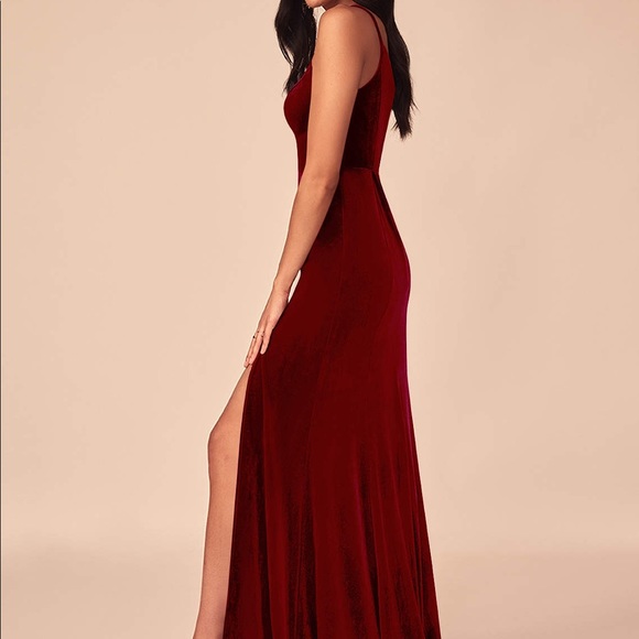 Azazie A-line One Shoulder Velvet Floor Length Dress Burgundy - Picture 3 of 4